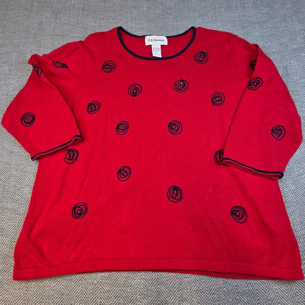 C.D. Daniels Red Cotton Knit Embroidered Swirl 3/4 Sleeve Sweater 1X